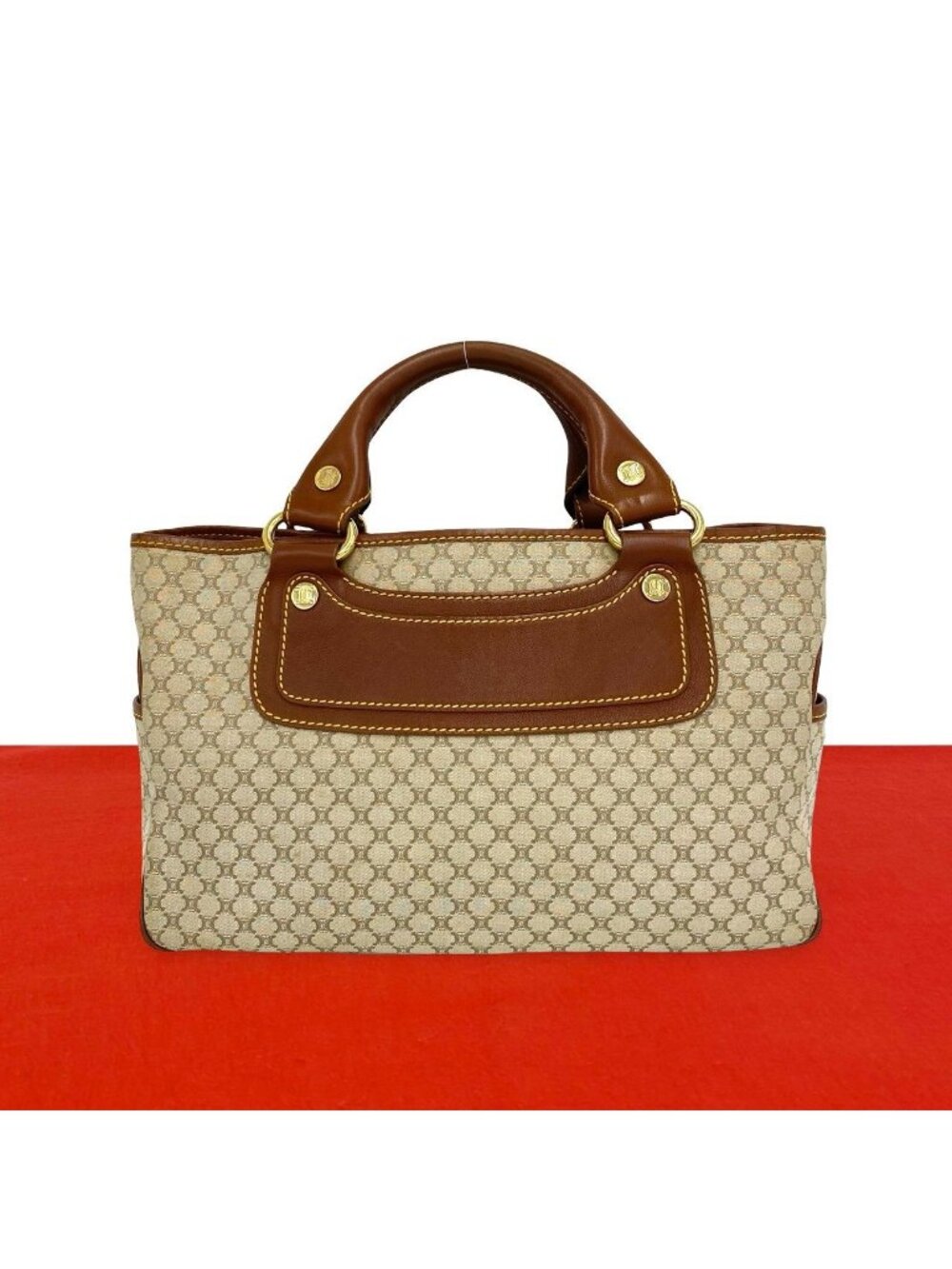 Celine Boogie Macadam Blason Pattern Canvas Leather Handbag Mini Tote Beige